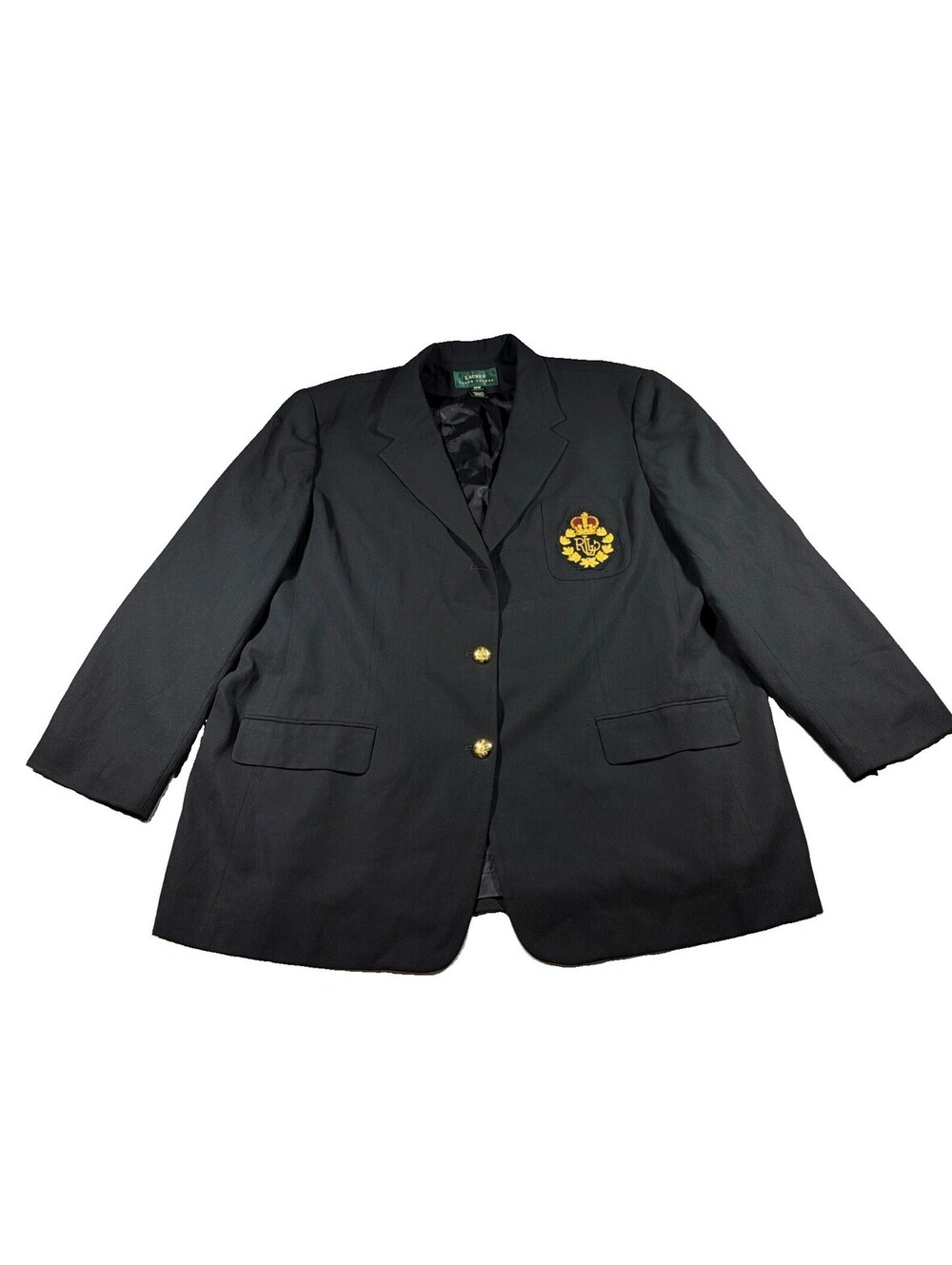 Vtg Lauren Ralph Lauren Crest Blazer Womens 24W Black Gold Buttons USA Plus Size